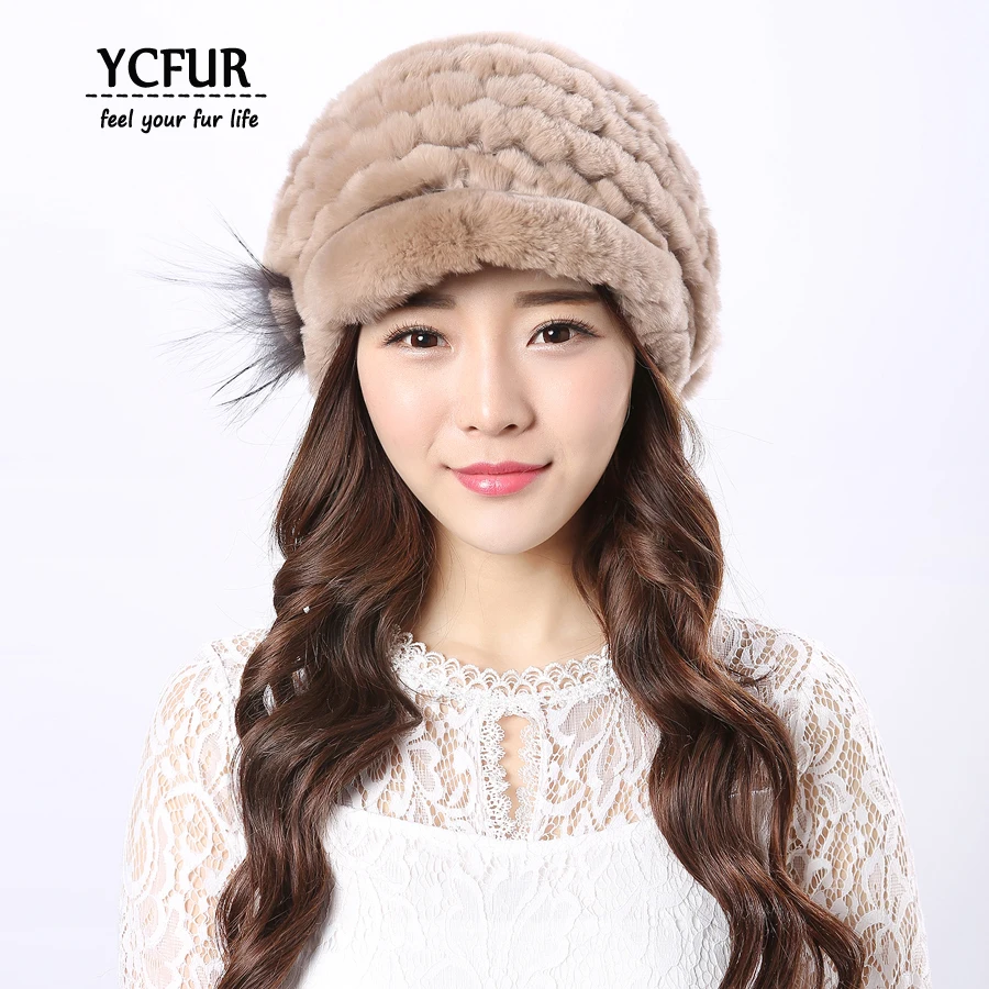 YCFUR женские шапки, зимние вязаные шапки, настоящий мех кролика, шапочки с мехом серебристой лисы, шапка с цветком, женская шапочка