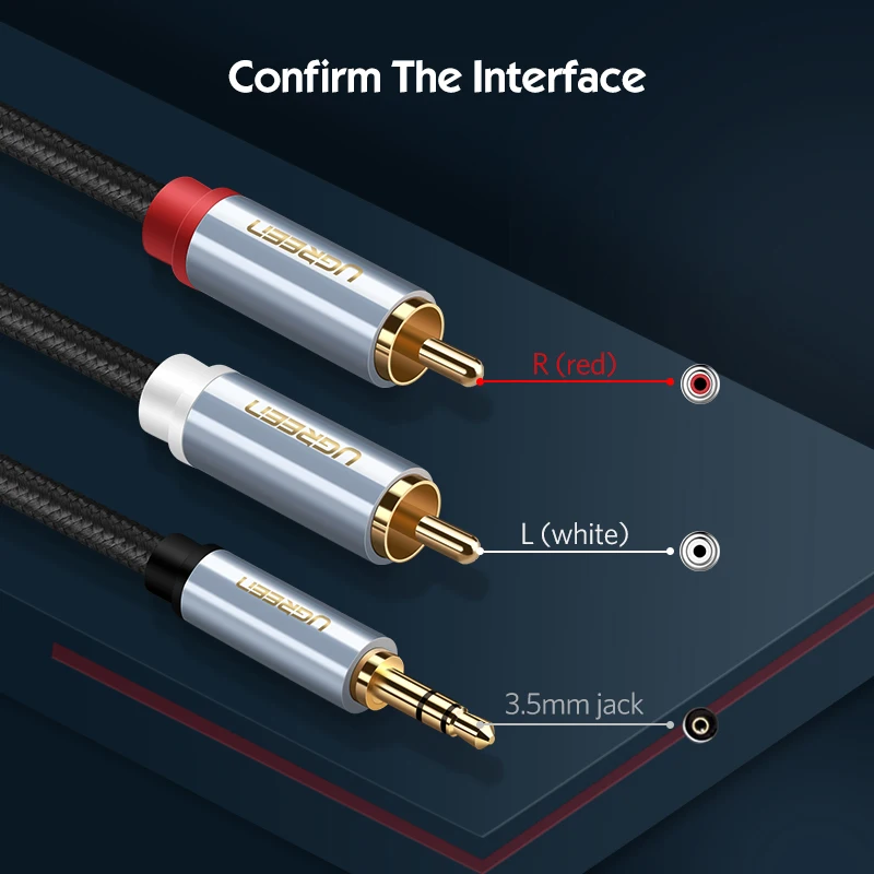 Аудиокабель Ugreen RCA со штекером 2RCA на штекер 3 5 мм 2 AUX кабеля нейлоновый Плетеный