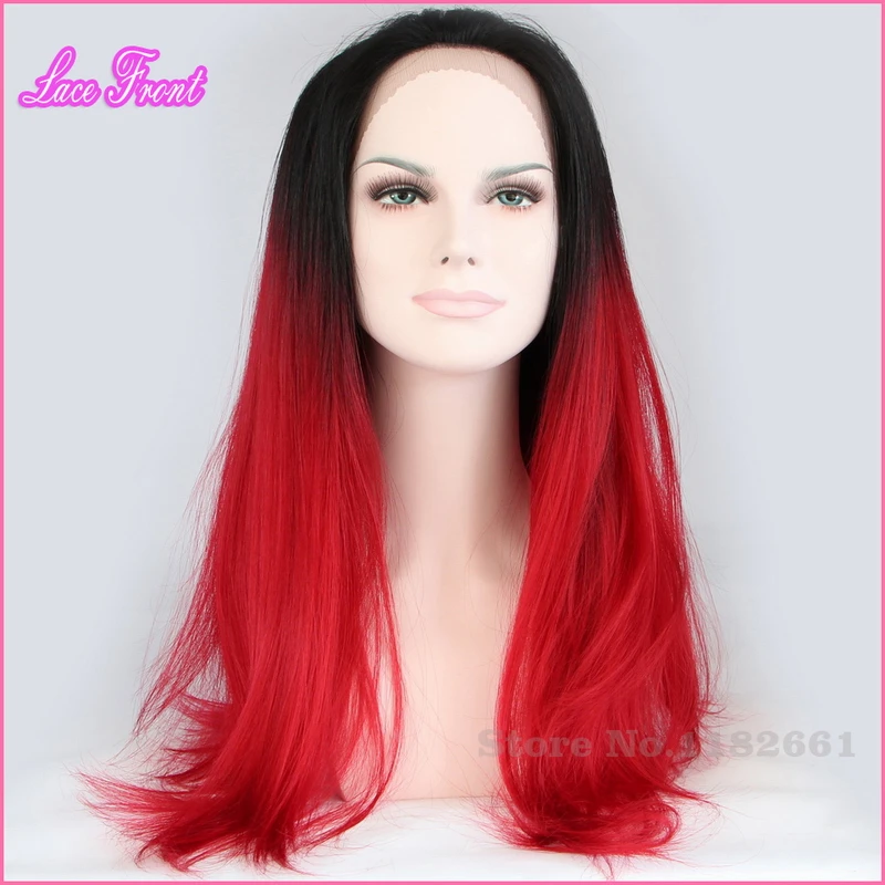 

High Quality Big Discount Long Straight Black Roots Red Ombre Synthetic Lace Front Wig Cosplay For Women Perucas Sintetico