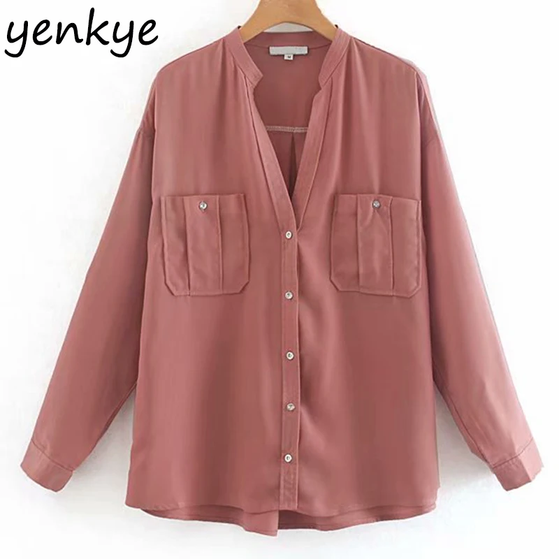 

Vintage Solid Color Pockets Blouse Shirt Women V Neck Long Sleeve Streetwear Summer Tops Plus Size Chemise Femme XNWM8932