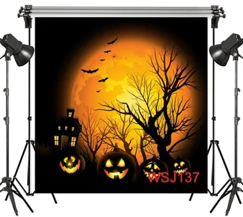 

LB Polyester & Vinyl Halloween Dead Tree Huge Orange Full Moon Pumpkin Lantern Photography Photo Background Studio Backdrop