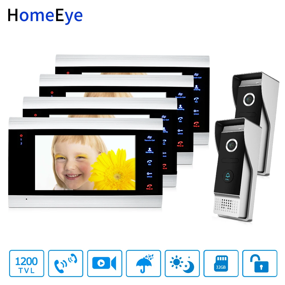 

HomeEye 7'' 1200TVL Video Door Phone Video Intercom 2-4 Security Access System Motion Detection Multi-languages Menu for 2 Locks
