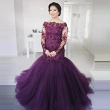 Elegant Plus Size Evening Dresses Long Sleeves Mermaid Prom Dress Cheap Tull Evening Gown Wear Long Beaded Formal Gown For Women trendy long sleeves voile splice mermaid dress for women