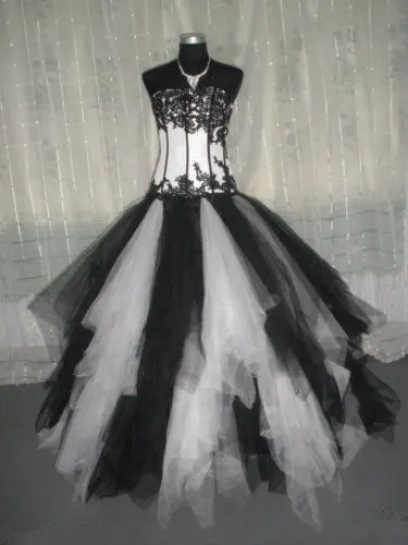 

Ball Gown Lace Black And White Wedding Dress Gothic Ruffle Skirt