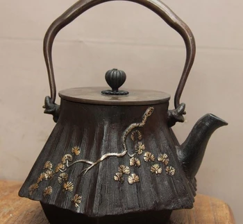 

Archaic Japanese Iron Silver Gilt Pine Tree Portable Flagon Kettle Wine Tea Pot