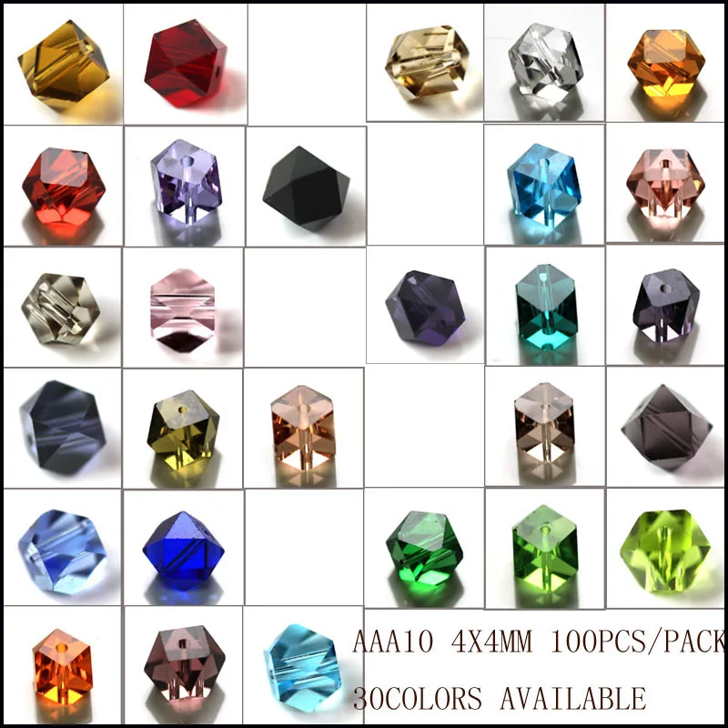 

100 pcs 4mm Crystal Beads Faceted Square shape Cube Loose beads in jewelry making multi-color Free Shipping