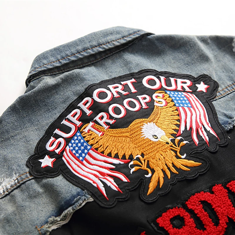 Sokotoo Men's slim American flag embroidered ripped jean jacket Trendy letters birds distressed denim top coat Outerwear