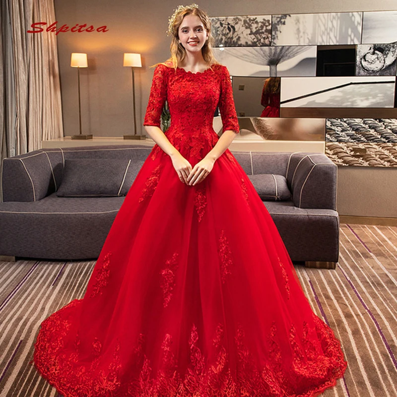 Red Lace Wedding Dresses With Sleeves A Line Tulle Plus Size