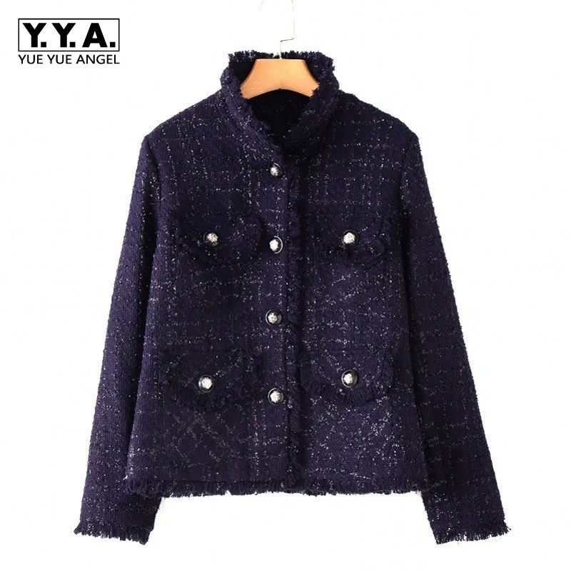 

Hot Sale Winter Womens Blue Fringed Tweed Coat Single-Breasted Ladies Overcoat Turtleneck Jacket Woman High Street Fashion Top