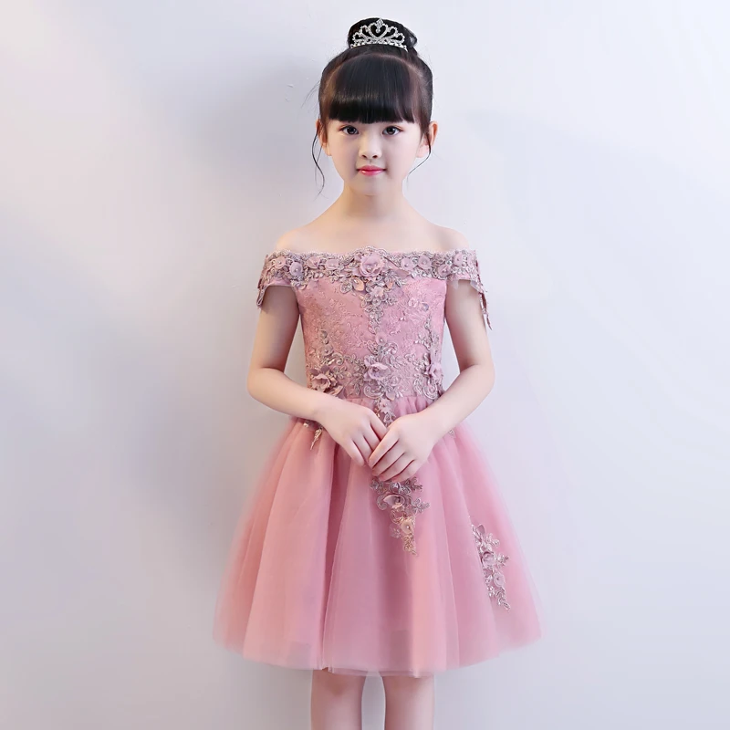 

2018 Summer Kids Baby Birthday Wedding Party Shoulderless Princess Lace Flowers Dress Children Girls Host Tutu Dance Prom Dress