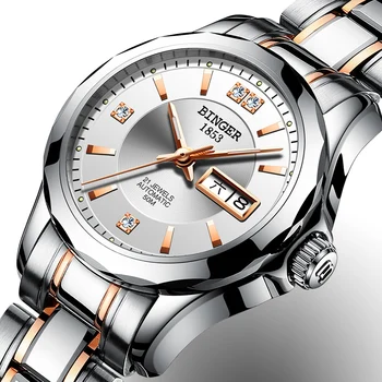 

New Binger Watch Women Luxury Brand Japan Automatic Mechanical Movement Wrist Sapphire Waterproof Ladies Watch gold 8051-7