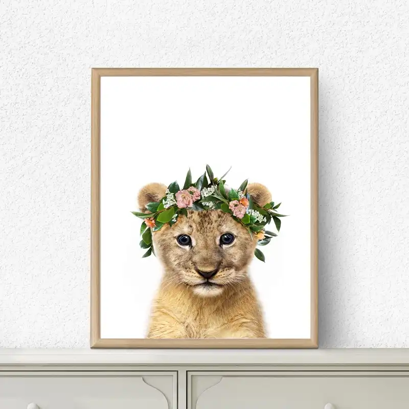 GUDOJK Pintura Mural Baby Lion Poster Print Flower Crown Wreath Nursery Animals Wall Art Canvas Painting Safari Animal Picture Girls Room Decoraci/ón de la pared-50x70cm