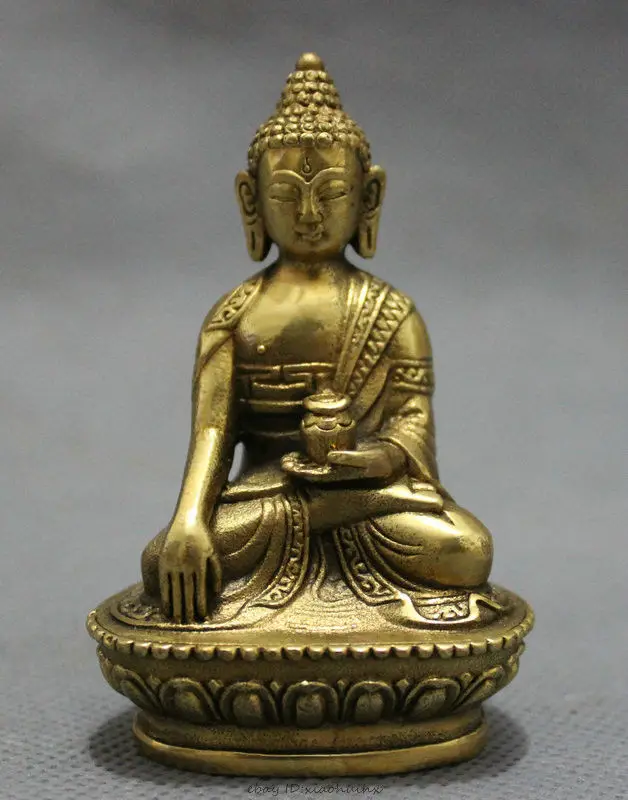 

Tibet Pure Brass Buddhism Seat Shakyamuni Joss Sakyamuni Buddha Bowl Statue Set
