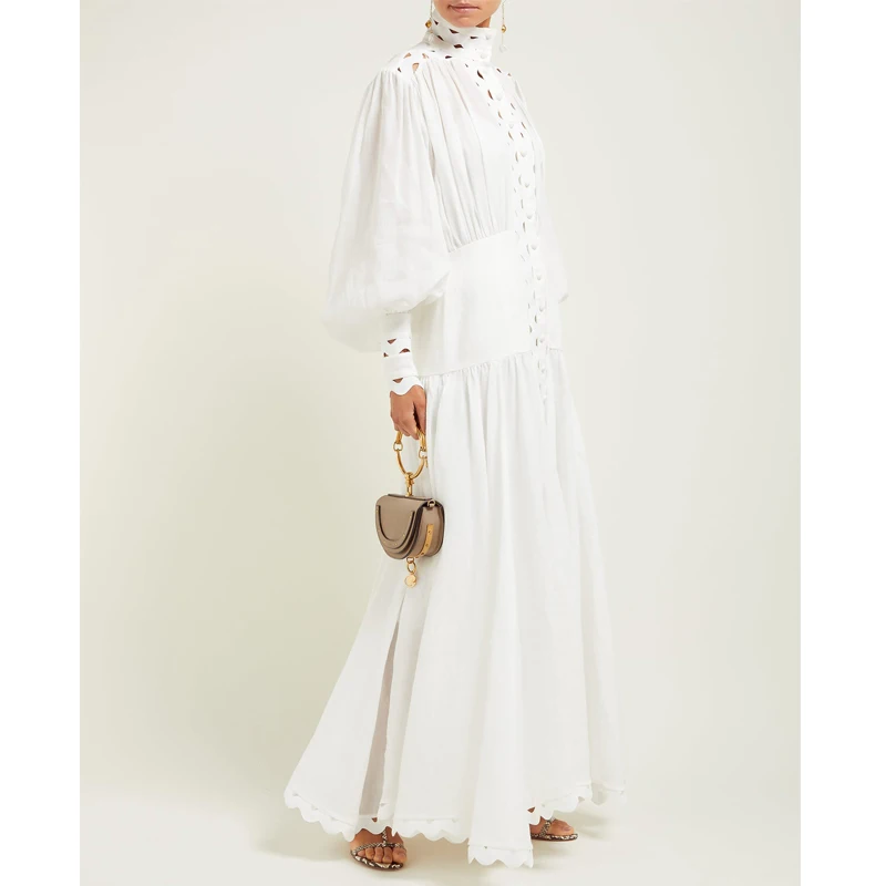 

CAMIA autumn Women Dress Hollow Out Ankle-length Dresses Stand Collar Lantern Sleeve High Waist Slim evening party dresses
