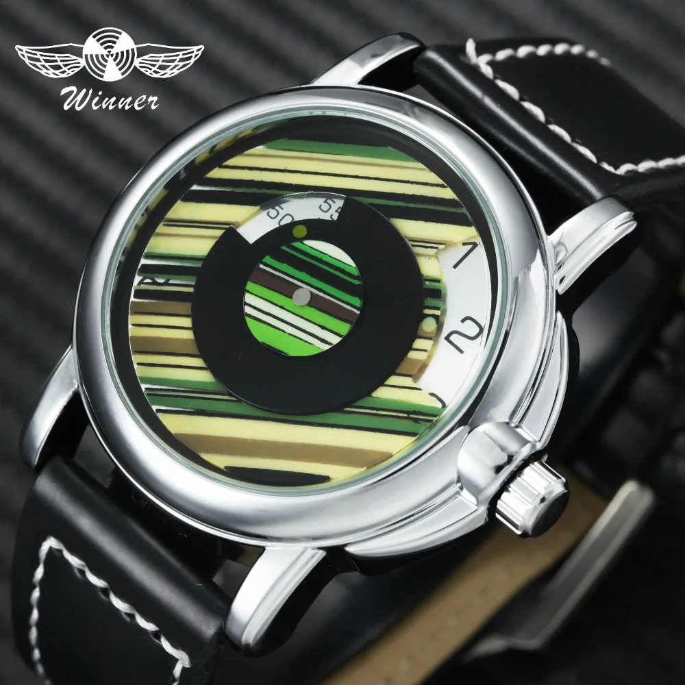

WINNER Top Brand Luxury Men Watch Automatic Mechanical Leather Strap Green Dial Colorful Streak Design Fashion Creative Watches