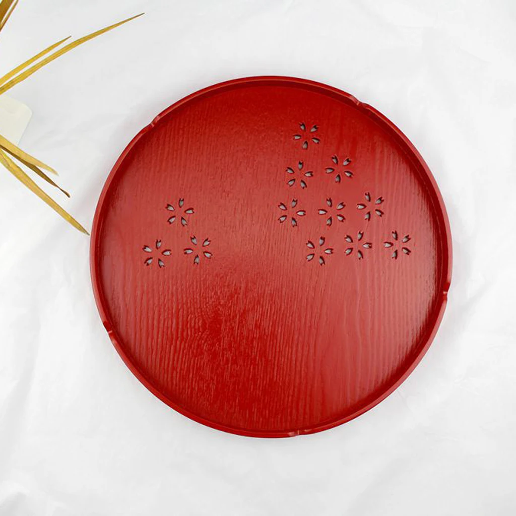 6 Types Serving Tray Wooden Tray Japanese Style Tea Home Hotel Guest Room Dish Round Wood Trays with Hollowed-out Cherry Blossom