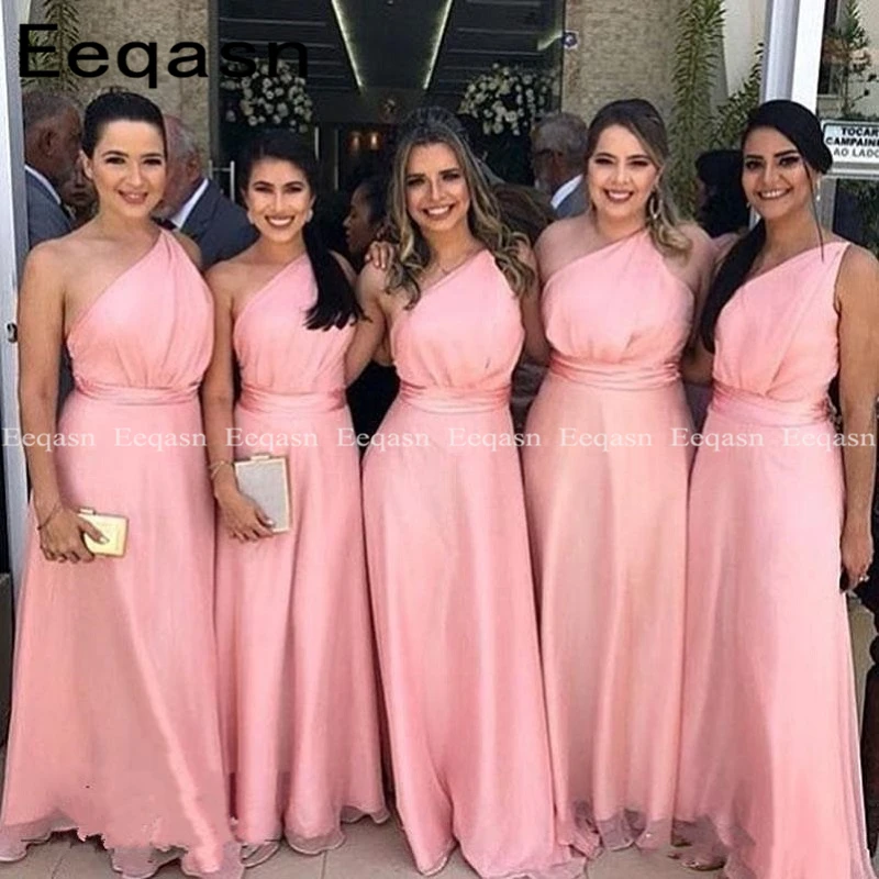 

Pink One Shoulder Bridesmaid Dresses For Women Wholesale 2019 Sexy Simple A-Line Long Wedding Party Dress Maid Of Honor Gown