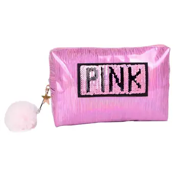 

Hot Fashion Women Letter Print Pompom Pendant Sequins Clutch Travel Cosmetic Storage Bag