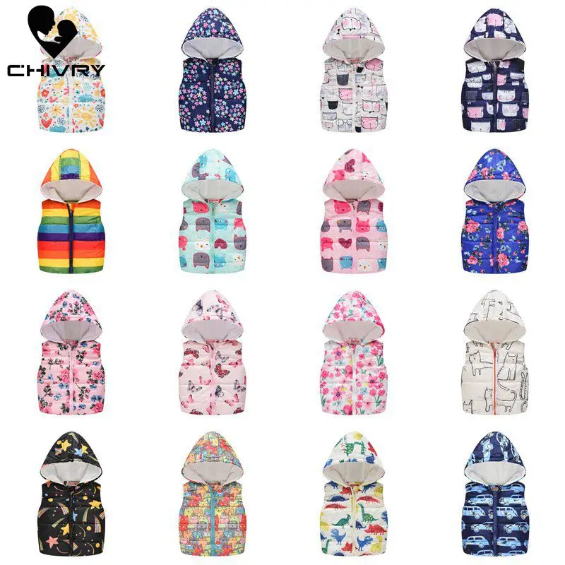 Greatest  2019 Autumn Winter New Boys Girls Sleeveless Hooded Wool Vest Jacket Cartoon Print Coat Kids Warm C