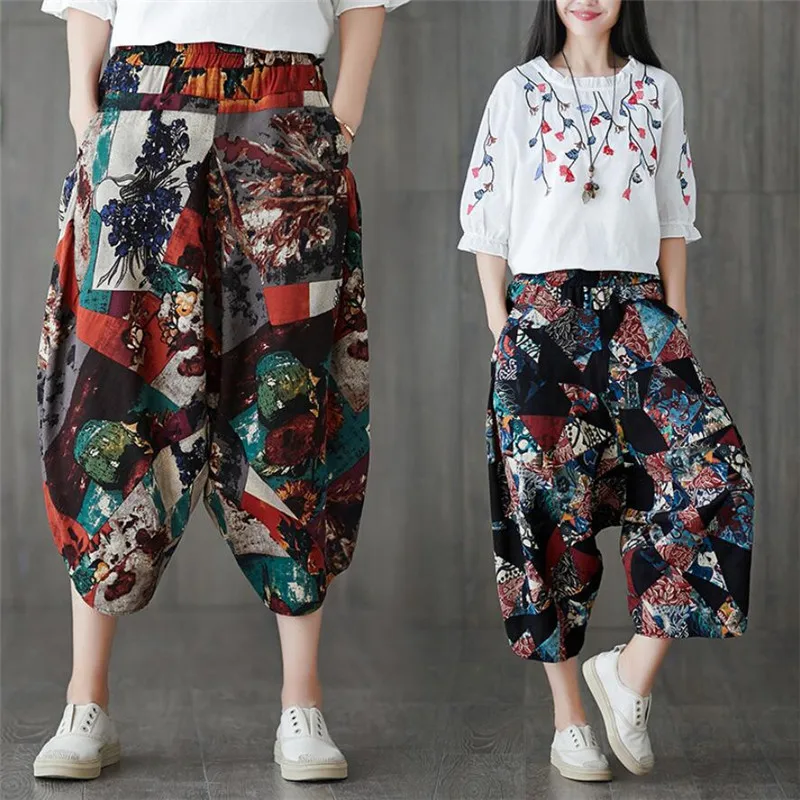 Women Summer WideLeg Pants Vintage Luxury Print Cotton Linen Capri Pants Elastic Waist Casual Harem Pants Women Summer WideLeg Pants Vintage Luxury Print Cotton Linen Capri Pants Elastic Waist Casual Harem Pants