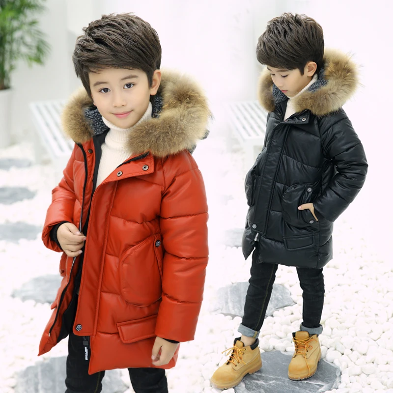 

Children's Jacket Boy Pu Leather Coat 2018 New Fashion Patchwork Hooded Winter Long Cotton Outerwear & Coats Fit 3-12T