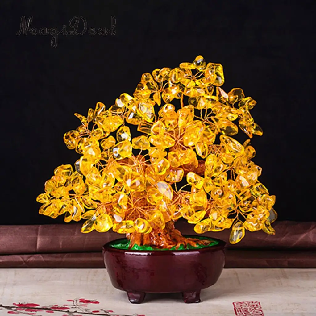 7'' Natual Crystal Money Tree Bonsai Style Feng Shui Wealth and Luck Tree -Yellow
