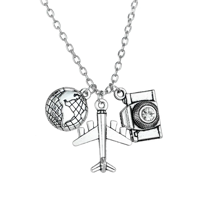 Земной шар брелок для ключей «Самолет» Камера Паспорт Подвеска с компасом путешествие ожерелье для путешественников дорожный браслет подарочные браслеты и ювелирные изделия - Окраска металла: Camera Necklace