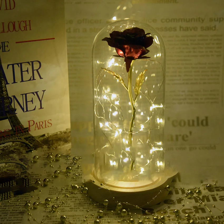 

Beauty And The Beast Rose Artificial Flowers LED Light Wooden Base for Birthday Wedding Decoration Flower Girlfriend Gift Box