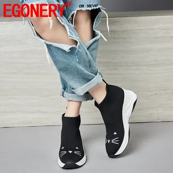 

EGONERY Cute cat pattern booties Knitting wool stretch fabric fashion woman casual shoes gray black Ankle boots sneakers 34-39CN