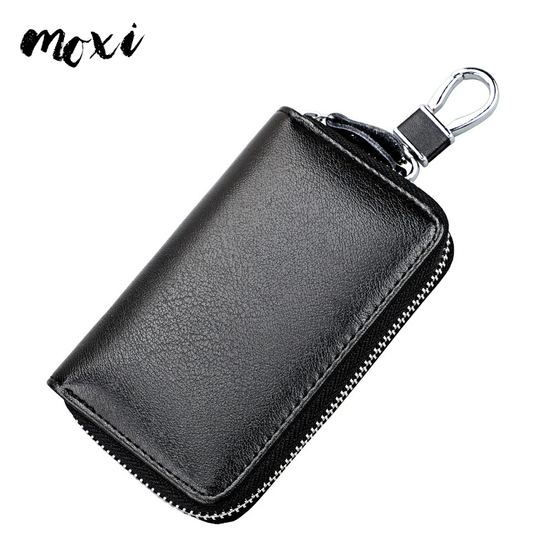 

Moxi Genuine Leather Man Key Wallets Womens Short Square Real Cowhide ID Card Holder Zipper Multi-function Car Key Chain Wallet
