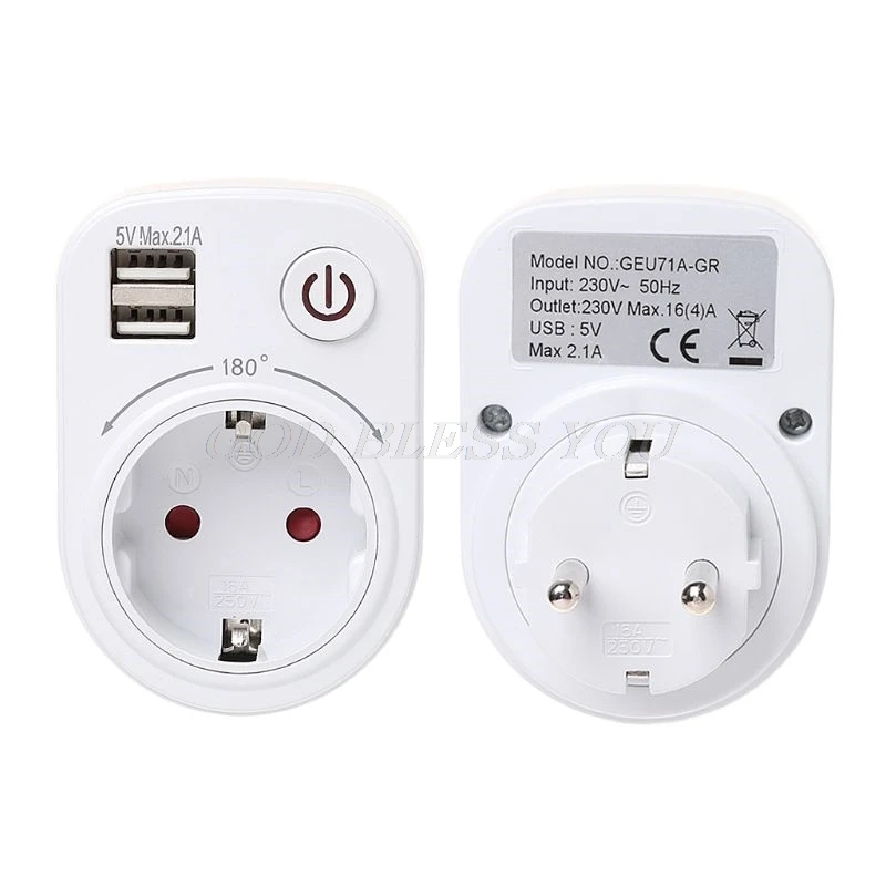 

Wall Charger Travel Adapter Electrical Socket With Dual USB Ports Power Switch