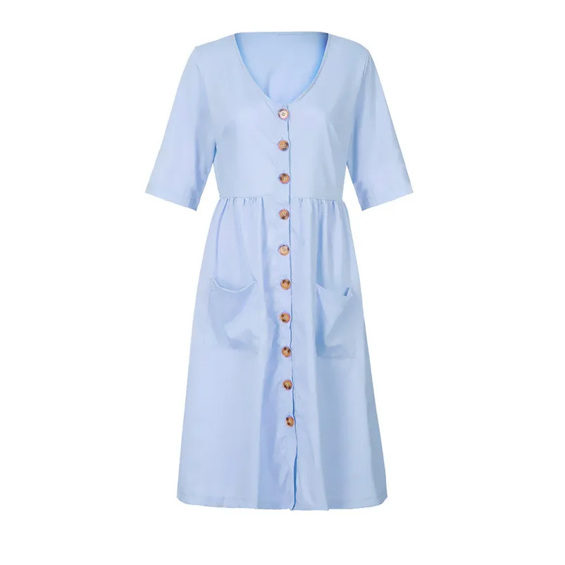 Fashion Autumn summer dress 2018 casual dress Women Holiday V Neck Solid Half Sleeve Buttons Club Party Dress vestido Y26#N (8)