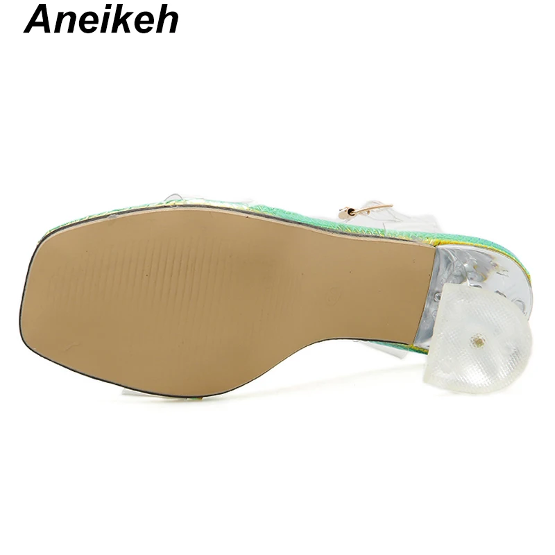 Aneikeh/ г. женские сандалии из ПВХ в стиле ретро Дамская обувь на тонком высоком каблуке с квадратным носком и ремешком с пряжкой вечерние туфли цвет абрикосовый, зеленый, 4-11