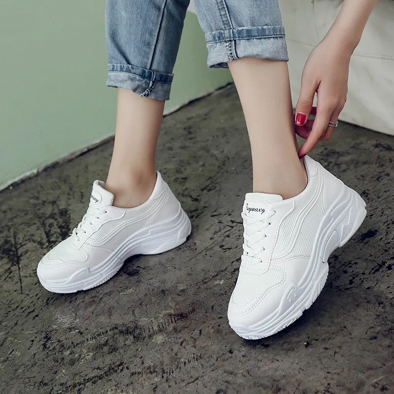 

ISHOWTIENDA Running Shoes Breathable Women Fashion Cool Sport Outdoor White Solid Shoes High Lace Up Girls Sneaker#g4
