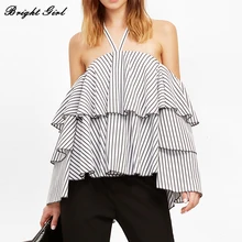 BRIGHT GIRL Off Shoulder Stripes Sexy Large Size Shirt Women Backless Chiffon Camis Party Tops 2017 New Summer Arrivals