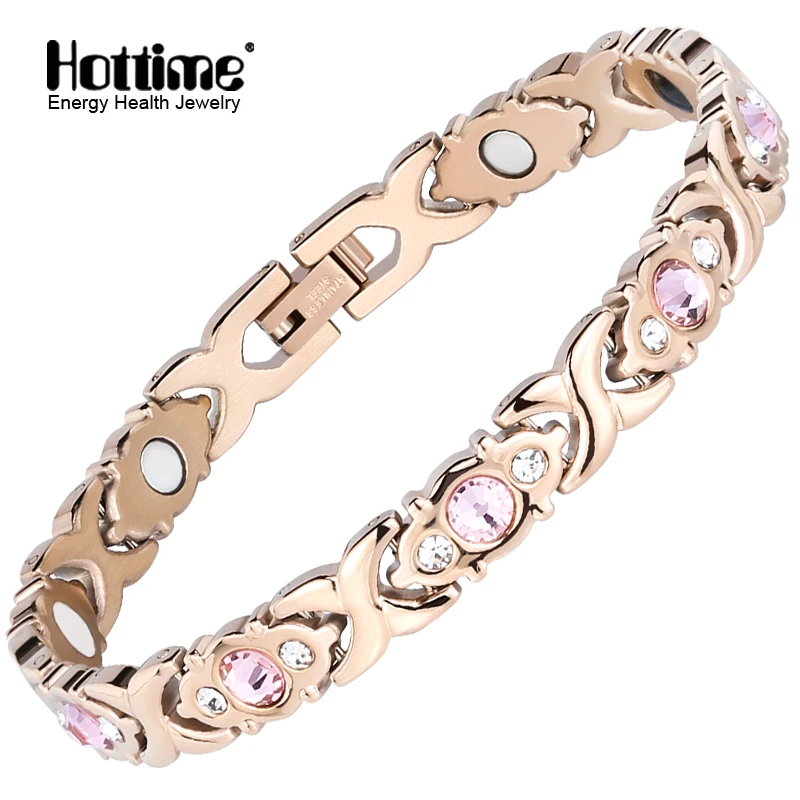 Горячая Распродажа, розовый браслет с драгоценными камнями, био магнитные браслеты с энергией здоровья, розовое золото, нержавеющая сталь, женские модные ювелирные изделия 10248