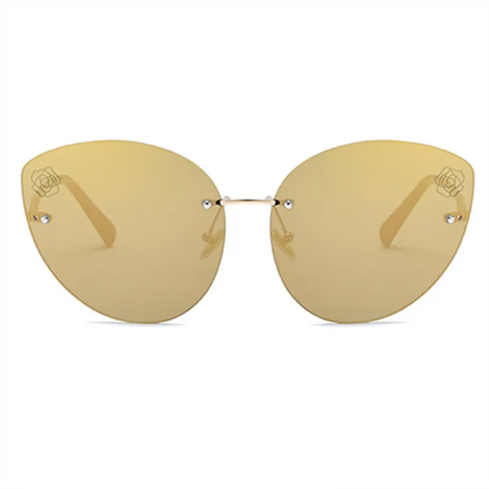 UVLAIK, безрамные солнцезащитные очки, женские, кошачий глаз, прозрачные, металлические, без оправы, солнцезащитные очки, Ретро стиль, негабаритные, с цветочным рисунком, солнцезащитные очки - Цвет линз: Золотой