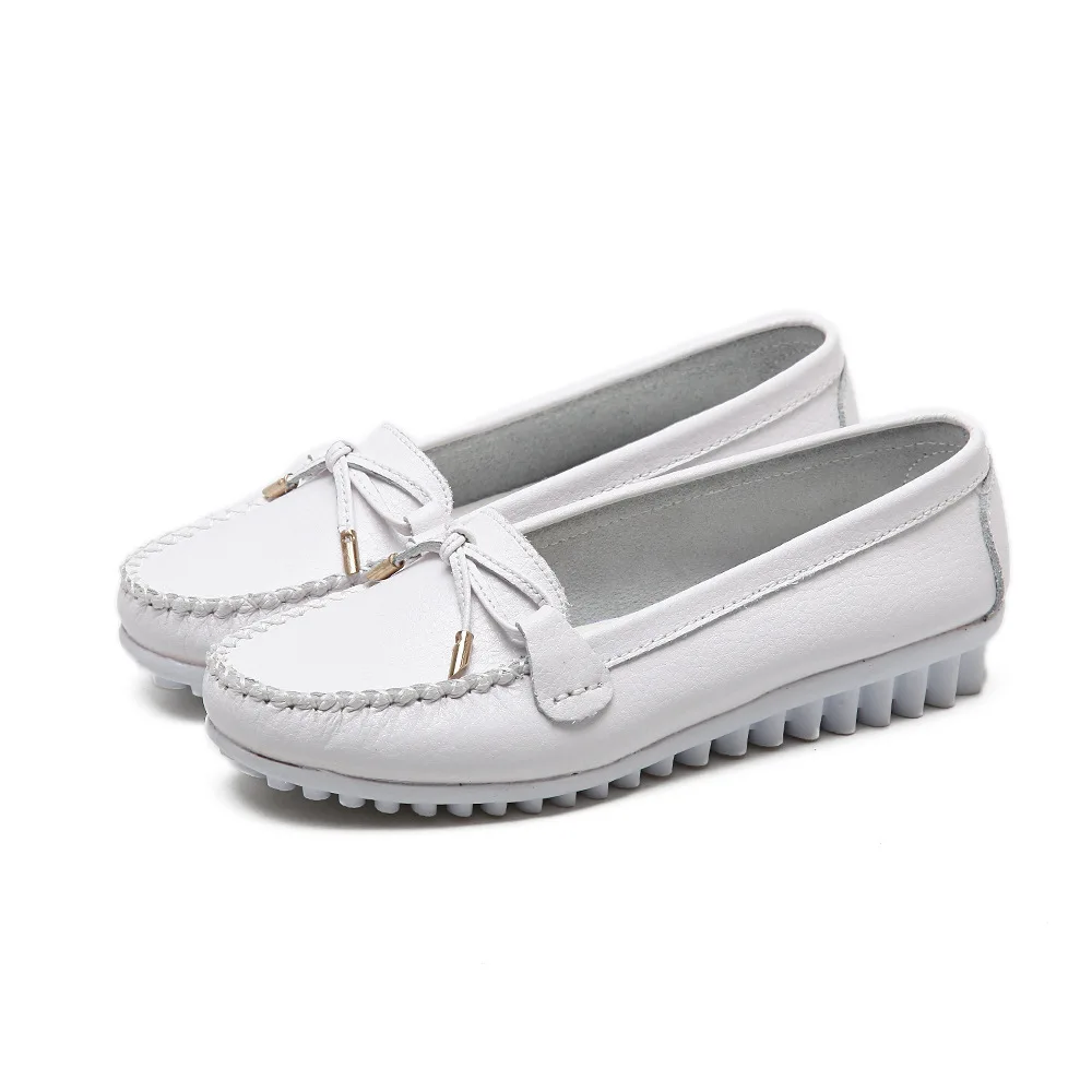 

2019 Fashion Women Genuine Leather Flat Shoes Handmade Moccasins Lady Leather Loafers Bowtie Casual Driving Ballet Flats
