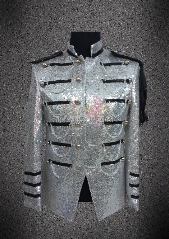 Fashion Silver Star Style Men's Epaulet Top Stage Male Sequins Jacket Singer Ds Performance 