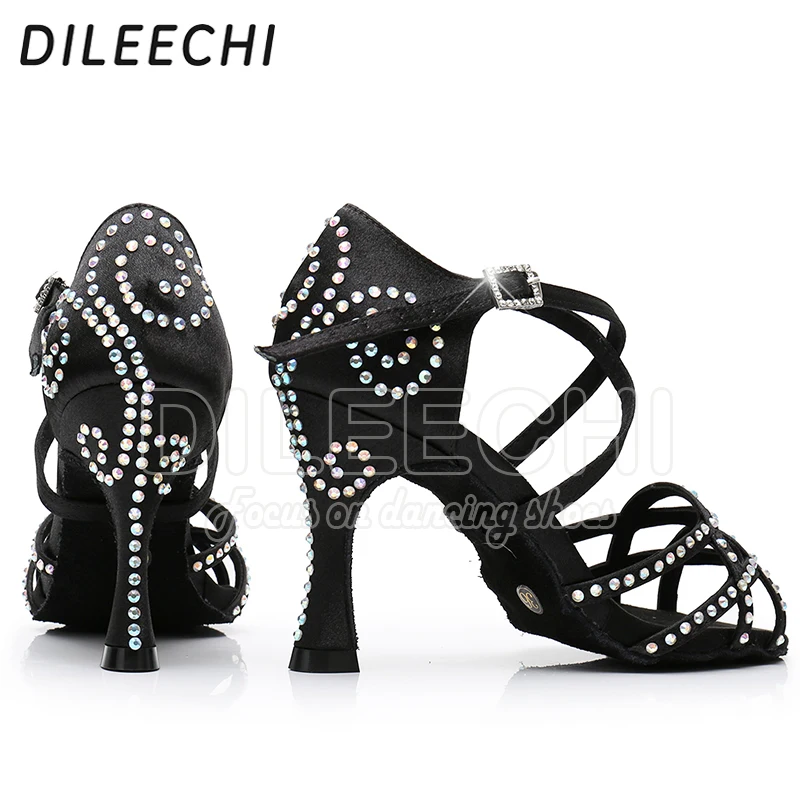Dance Shoes Women Party Dance Satin Shining Rhinestone Soft Bottom Latin Salsa Heel 5CM-10CM
