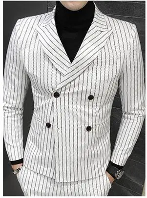 Последние конструкции пальто брюки 3 шт./компл.(куртка+ жилет+ брюки) мужские костюмы для выпускного вечера классические полосатые двойные приталенные пиджаки 5XL Plus - Цвет: White Mens Suits Set