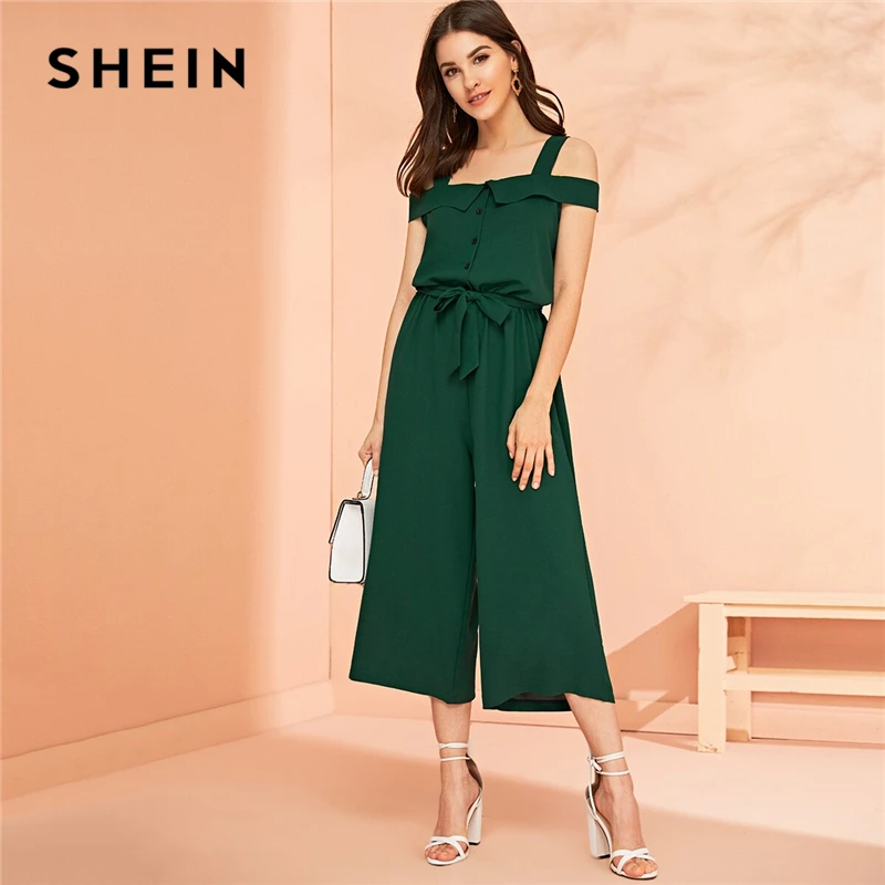 

SHEIN Green Button Front Belted Wide Leg Crop Jumpsuit Women 2019 Summer Solid Straps Cold Shoulder Mid Waist Elegant Jumpsuits