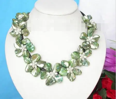 

Free Shipping >>>>> baroque 9bloom green seashell white pearls choker leather necklace