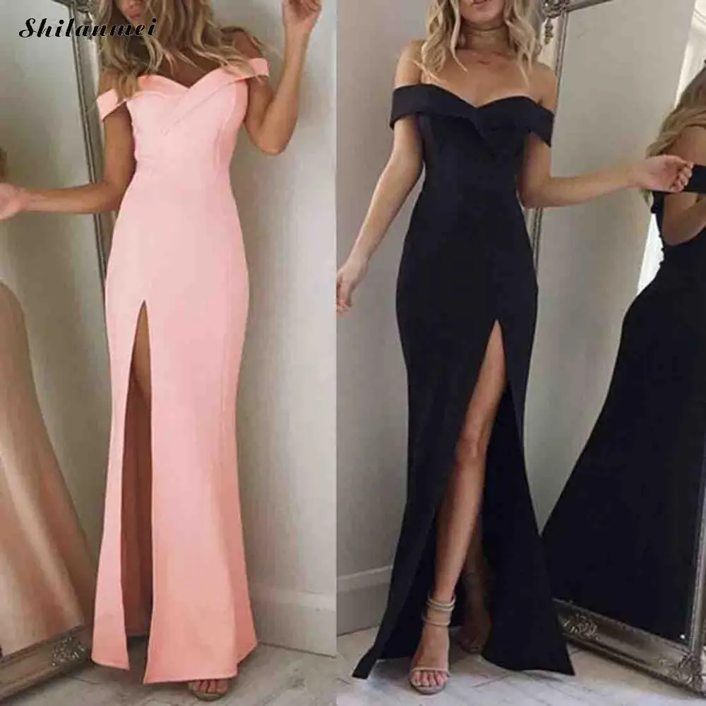 

Elegant Off Shoulder Party Dress Vestidos 2019 High Quality Sexy Side Slit Robe Femme Fashion Evening Wedding Long Maxi Dress