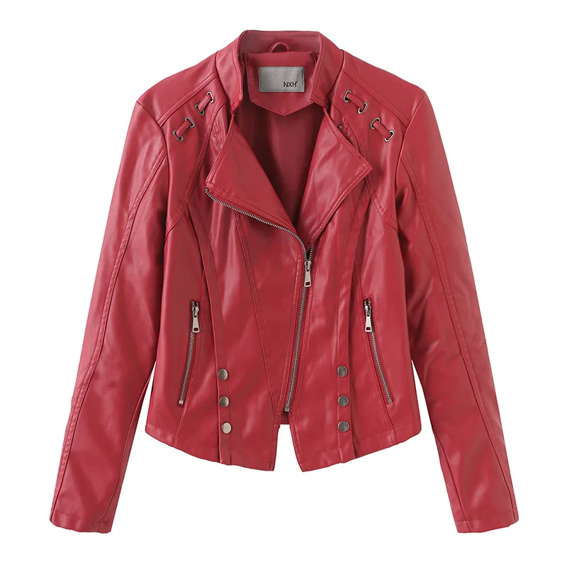 NXH 2019 fall leather jacket women Turn-down Collar motor biker jacket fashion plus size women coat  autumn streetwear