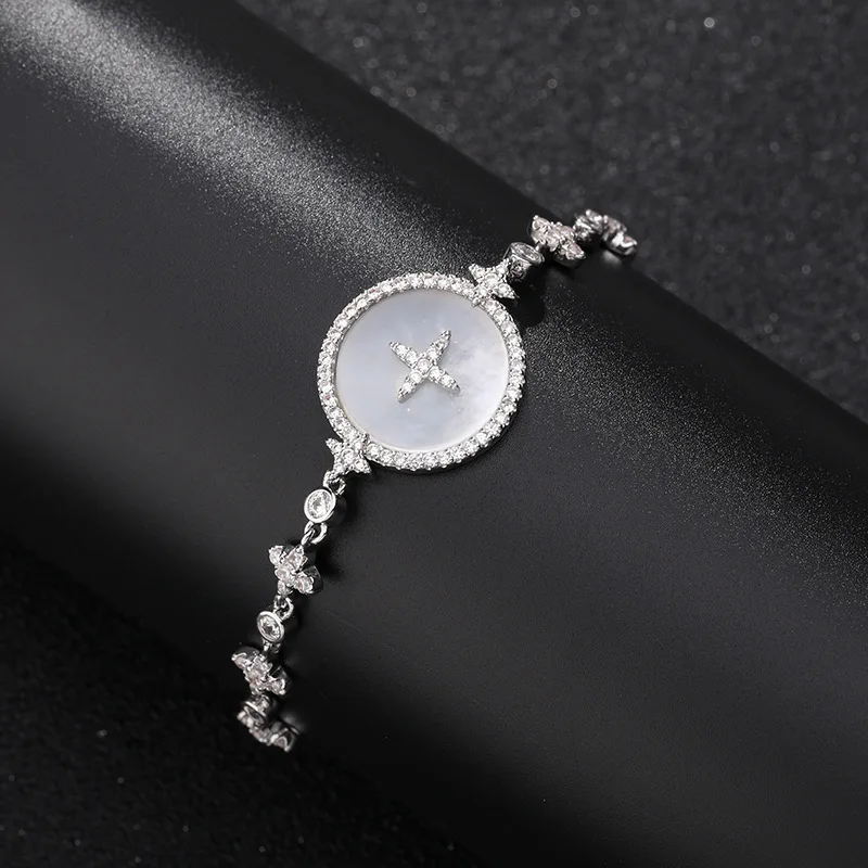 

DropShiping Elegant White Shell Wedding Bracelet Shiny Zircon Cross Star silver color bareclets Jewelry 2019 ZK40