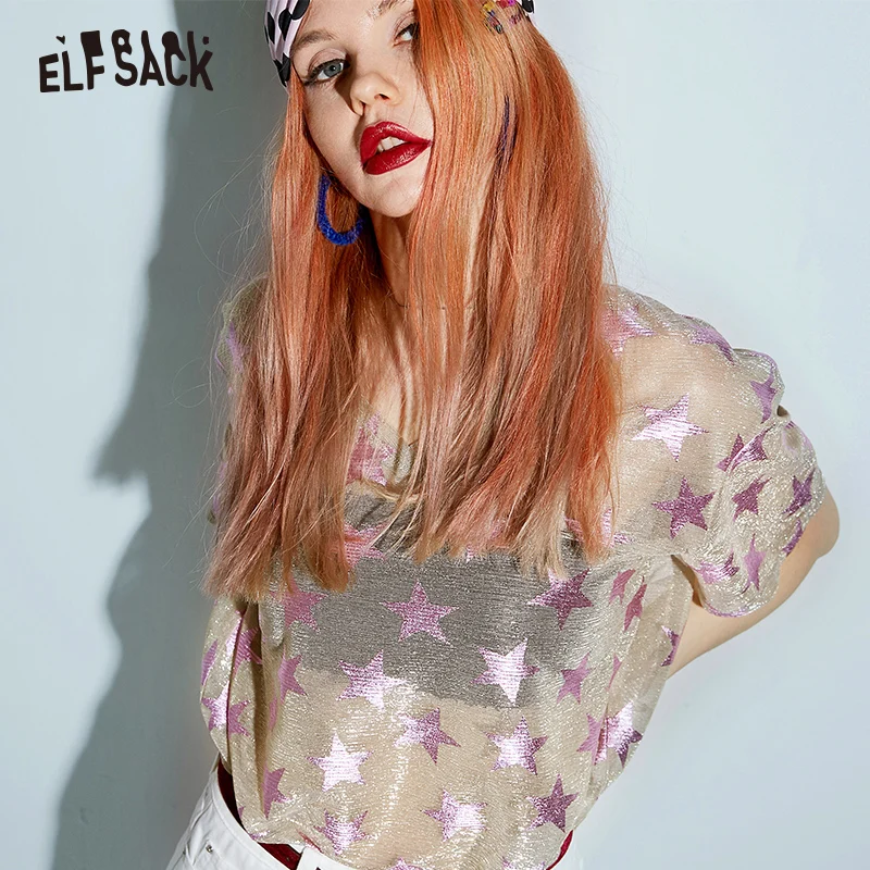 قزم SACK بريق الجرافيك طباعة المرأة قمم مثير الجوف خارج الخامس الرقبة الإناث تي شيرت 2019 الصيف أزياء الشارع الشهير المتضخم المحملة