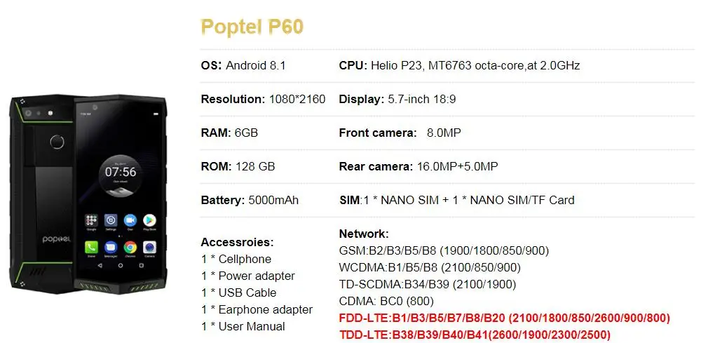 Poptel P60 Прочный 6 ГБ 128 4G, мобильный телефон с функцией IP68 Водонепроницаемый 5,7 дюймов 5000 мА/ч, Android8.1 Face ID 16.0MP сзади Камера смартфон