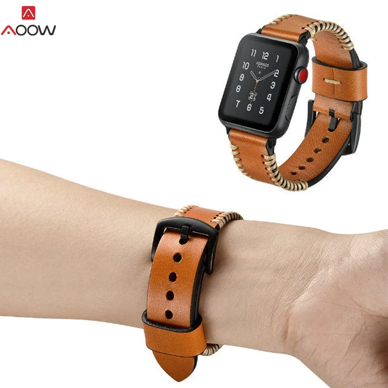 AOOW натуральной кожи ремешок для Apple Watch 1 2 3 коричневый швейных Для мужчин Для женщин запасной браслет ремешок Ремешок для iwatch 38 мм 42 мм