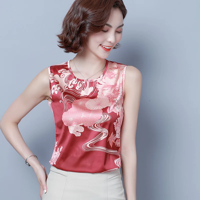 Korean Fashion Silk Women Blouses Satin Print Sleeveless White Women Shirts Plus Size XXXL Womens Tops Blusas Femininas Elegante - 33049081776